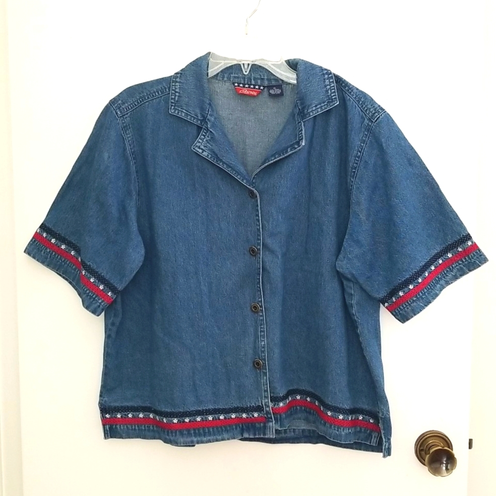 Vintage Denim Button up Short Sleeved Collared Shirt w Red White Blue embroidery